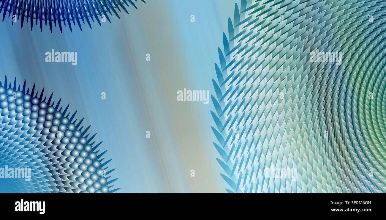 Une composition d'art numérique abstraite présentant des structures géométriques circulaires avec des éléments radiaux pointus et des dégradés de couleurs lisses du bleu au vert. Banque D'Images