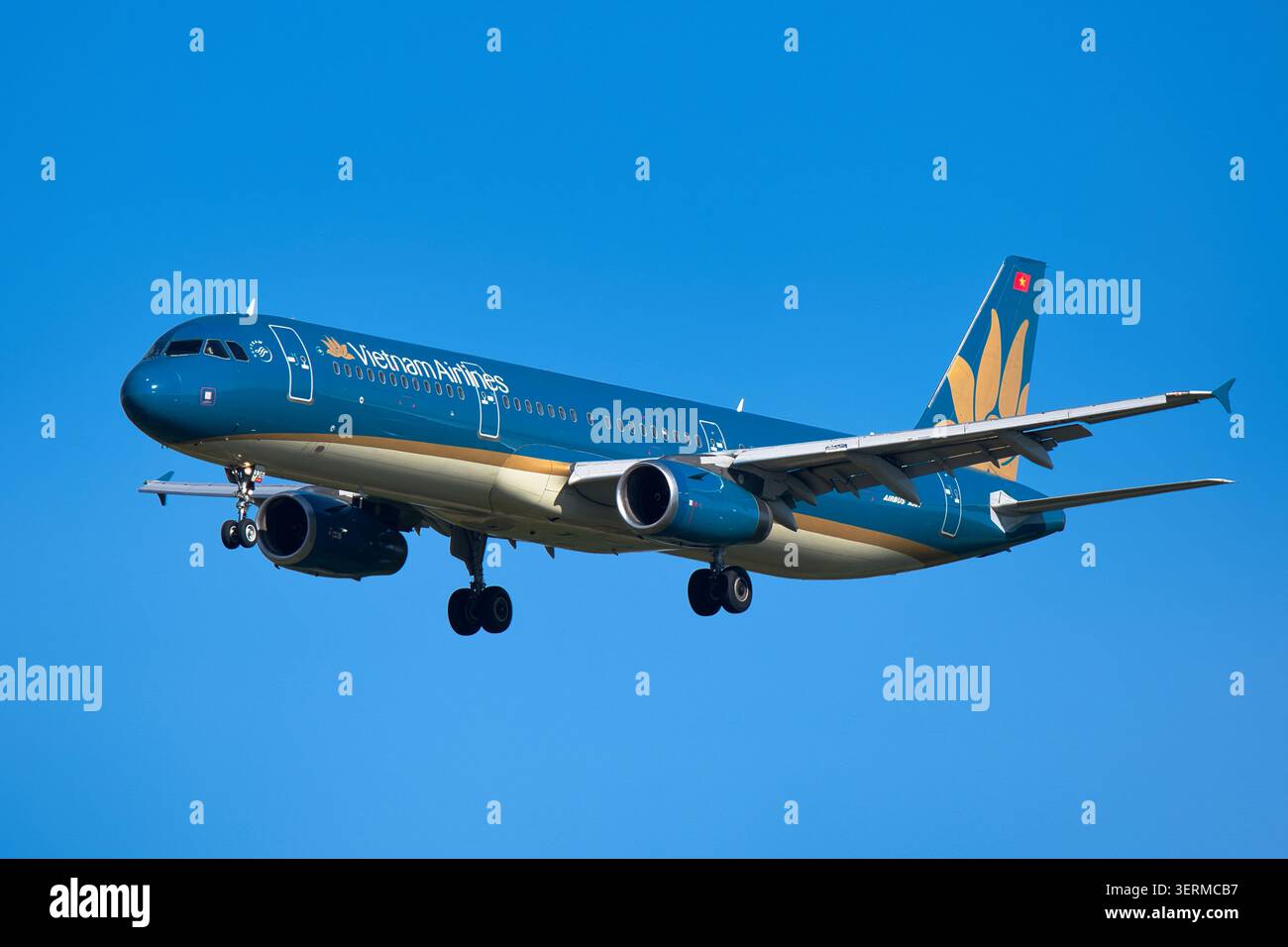 Airbus A321-200 (VN-A336) de Vietnam Airlines en approche finale avec train d'atterrissage déployé à l'aéroport international de Narita Banque D'Images