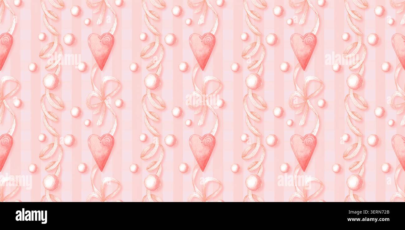 Coeurs roses, rubans et perles de perles motif vertical sans couture sur fond plaid rose. Aquarelle design romantique pour cartes de Saint-Valentin, emballage cadeau, fa Banque D'Images