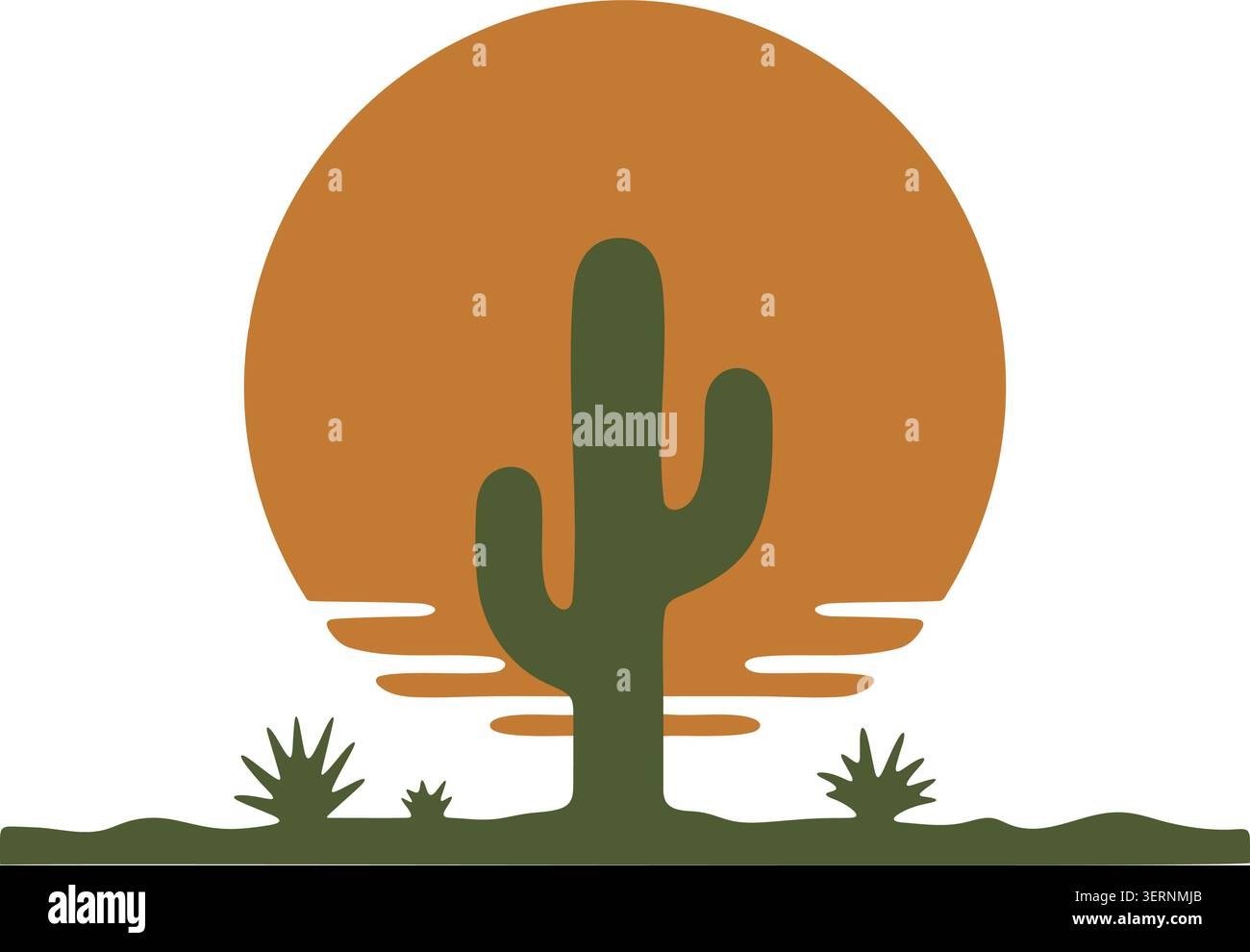 Un cactus se dresse dans une scène désertique contre un grand soleil chaud près de l'horizon Banque D'Images