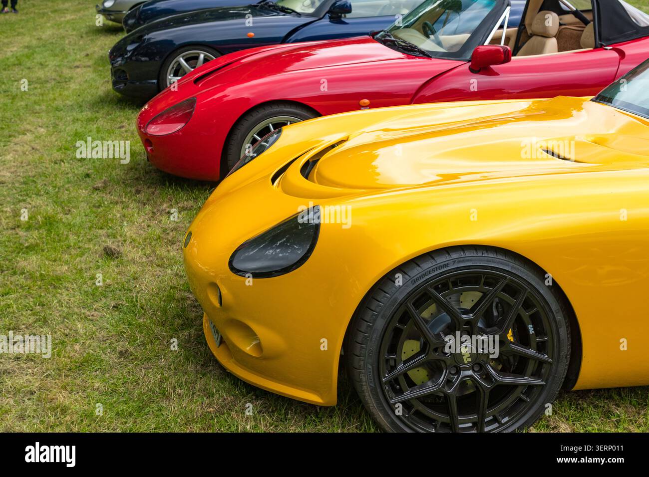 Gamme de voitures de sport tvr colorées garées sur un terrain lors d'un salon de voiture en plein air, y compris une sagaris tvr jaune et une chimère tvr rouge Banque D'Images