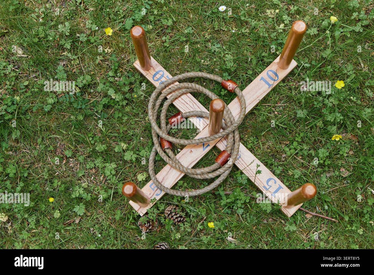 Jeu de lancer d'anneau en bois avec des anneaux de corde sur la pelouse d'herbe verte. Banque D'Images