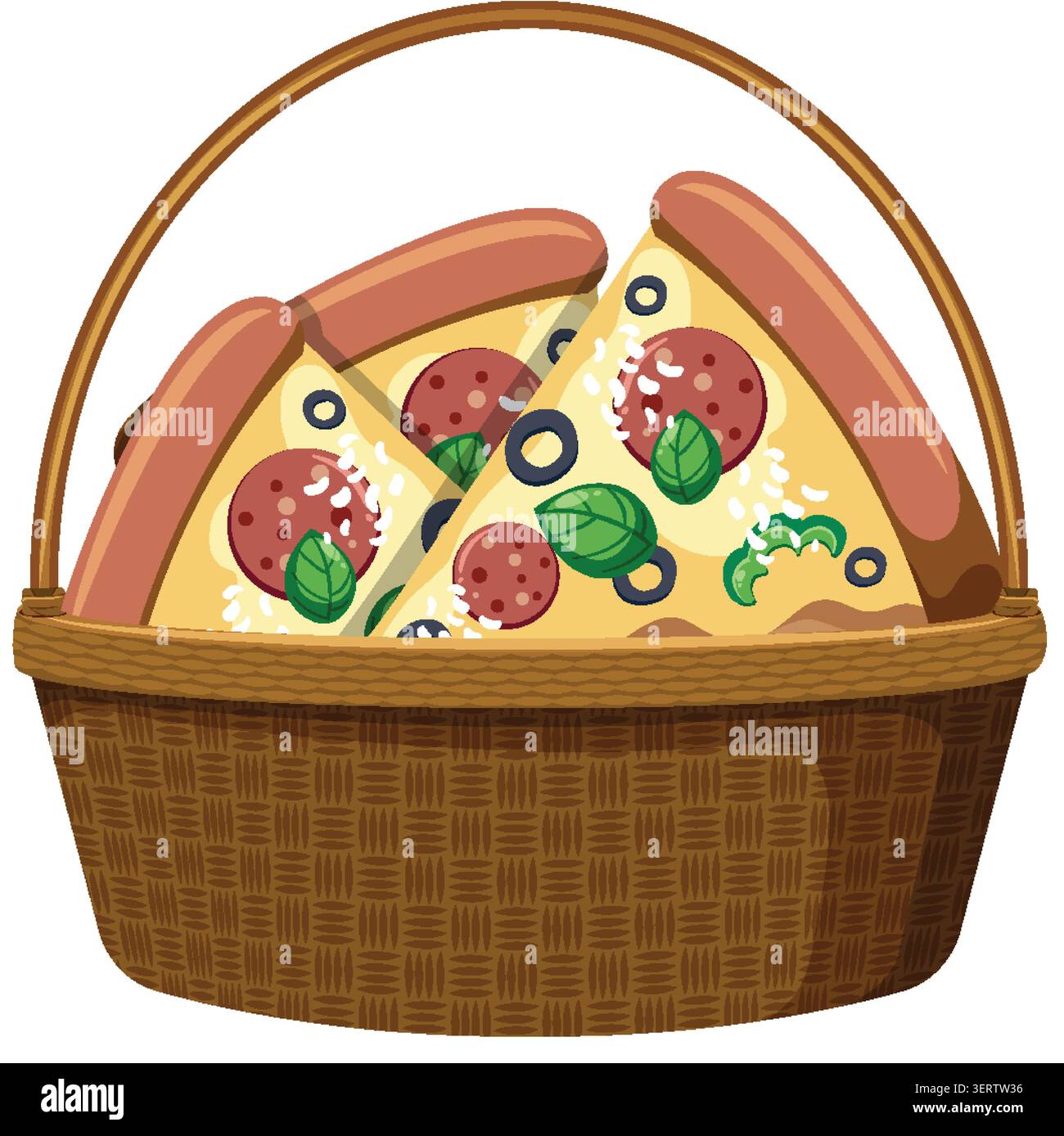 Illustration vectorielle plate de tranches de pizza pepperoni à l'intérieur d'un panier de pique-nique en osier tissé. Illustration de Vecteur