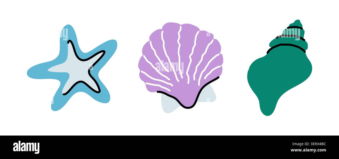 Étoiles de mer bleu clair, coquille Saint-Jacques pourpre et icônes vectorielles de coquille d'escargot vert isolées sur fond blanc. Trio minimal d'éléments marins plats pour l'été Illustration de Vecteur