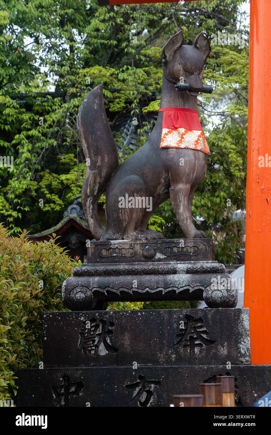 Kyoto, Japon - 10 avril 2026 : une statue de renard Kitsune dans la porte Romon dans le sanctuaire shinto Fushimi Inari-taisha sous la pluie Banque D'Images