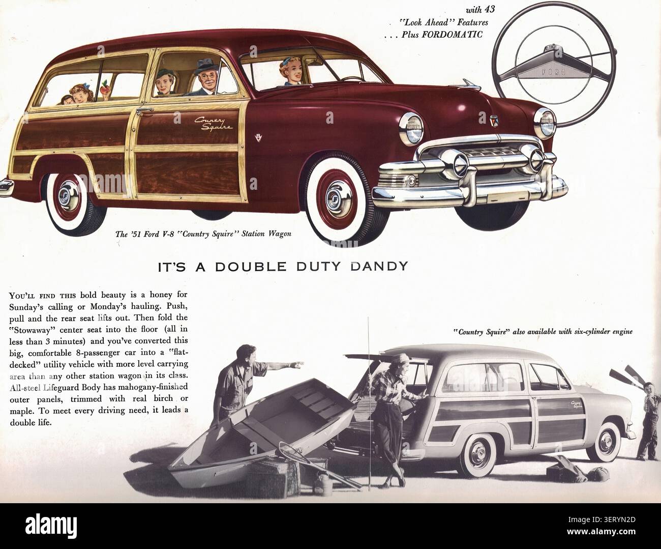 Ford Custom Country Squire Wagon 1951 - publicité de voitures anciennes Banque D'Images