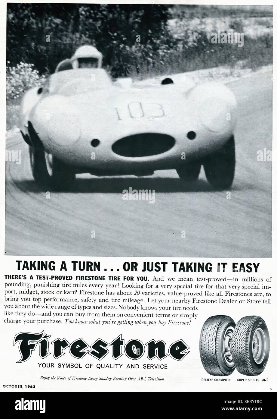 Pneus Firestone 1962 publicité graphique pour voitures de sport octobre 1962 - publicité de presse américaine d'époque Banque D'Images