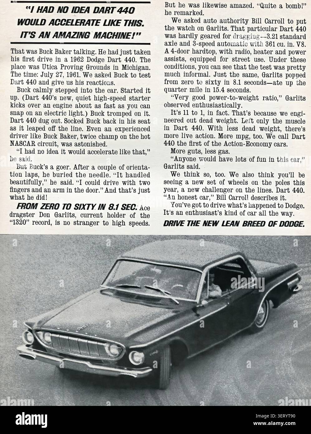 Dodge Dart 440 publicité graphique de voiture de sport 1962 décembre 1961 - publicité de presse américaine vintage Banque D'Images