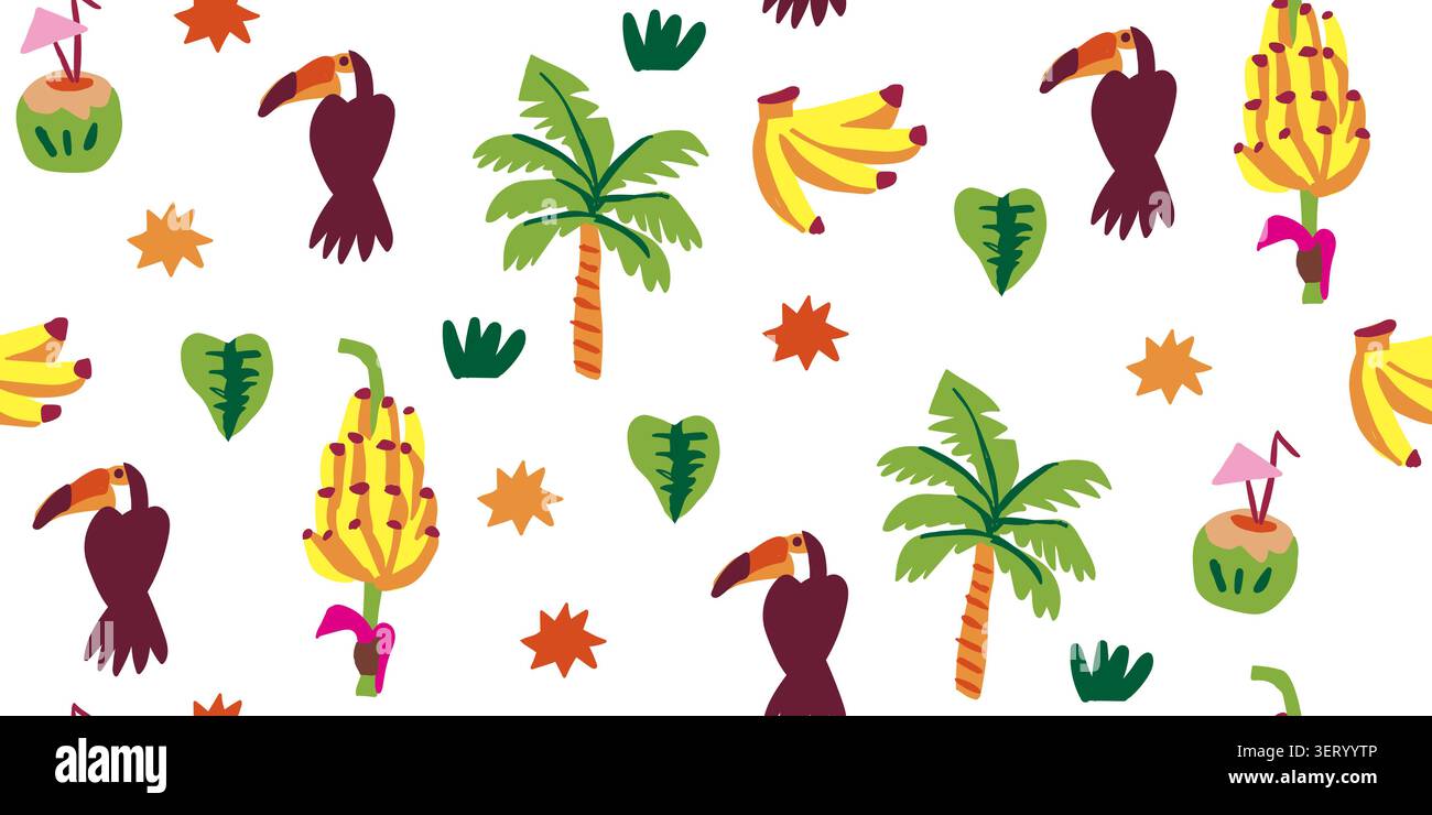 Motif de jungle tropicale sans couture avec des feuilles de toucan et de palmier. Illustration vectorielle Illustration de Vecteur