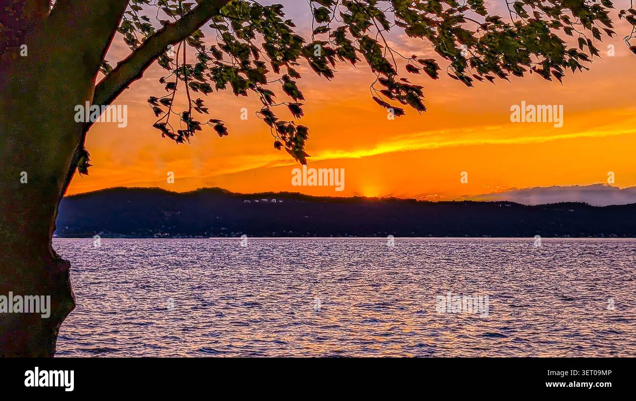 La traînée d'un avion laisse un steak brillant dans un coucher de soleil sur la colline du New Jersey sur les rives de l'Hudson River, New York - Image de stock capturée avec un smartphone