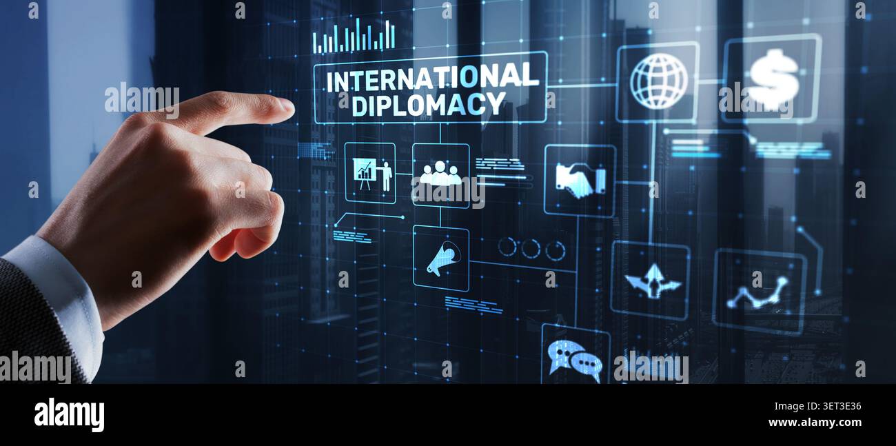 Diplomatie internationale concept pour les relations politiques mondiales et la coopération multinationale avec interaction de la main humaine Banque D'Images