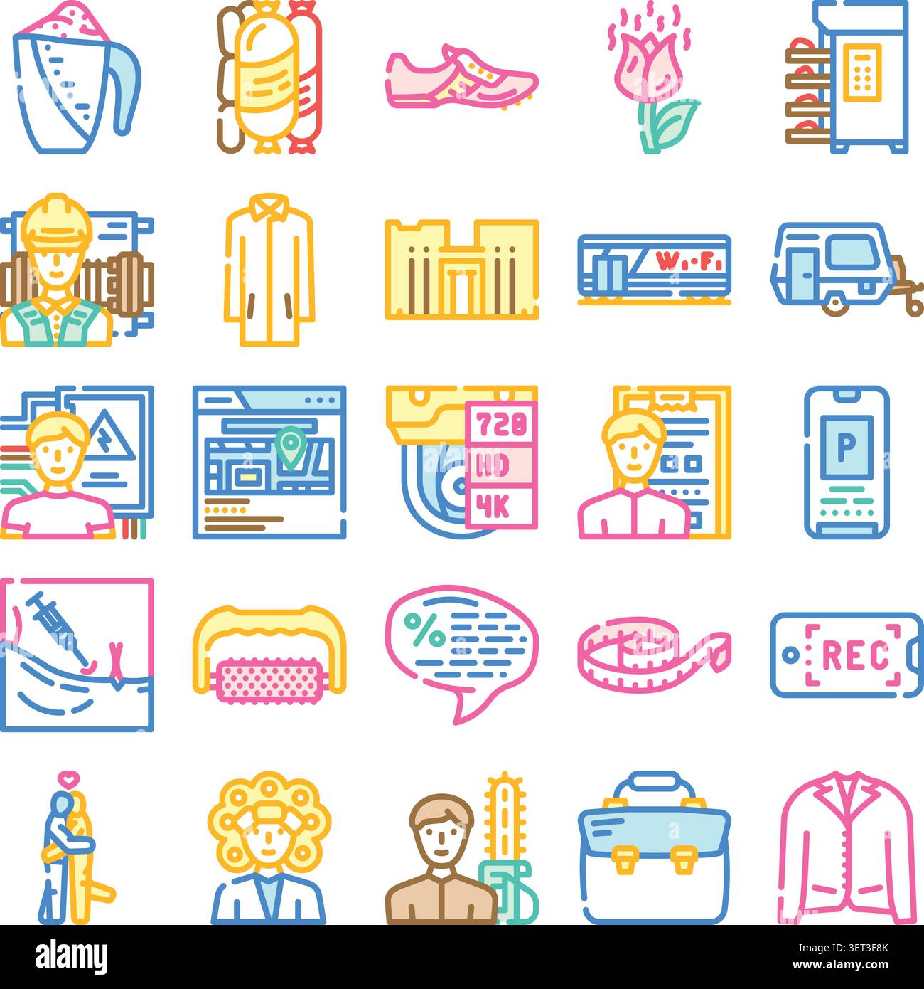 Collection d'icônes de ligne minimale illustrant divers aspects du style de vie, de la fabrication, de la technologie, des industries de services, de l'alimentation, construction, et hea Illustration de Vecteur