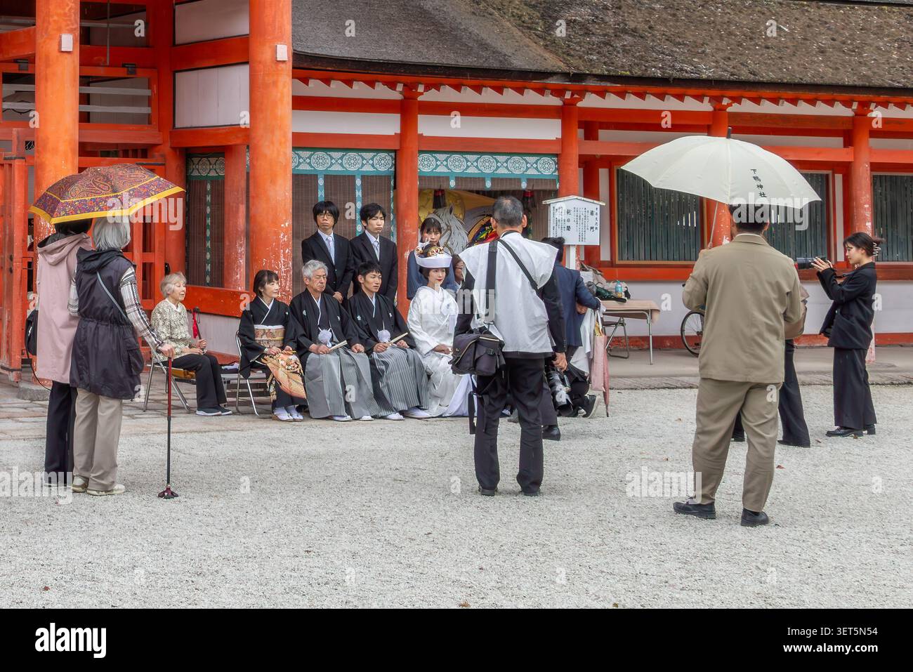 Le groupe de mariage en tenue japonaise formelle se rassemble pour des photos au sanctuaire de Shimogamo à Kyoto, Japon. Banque D'Images