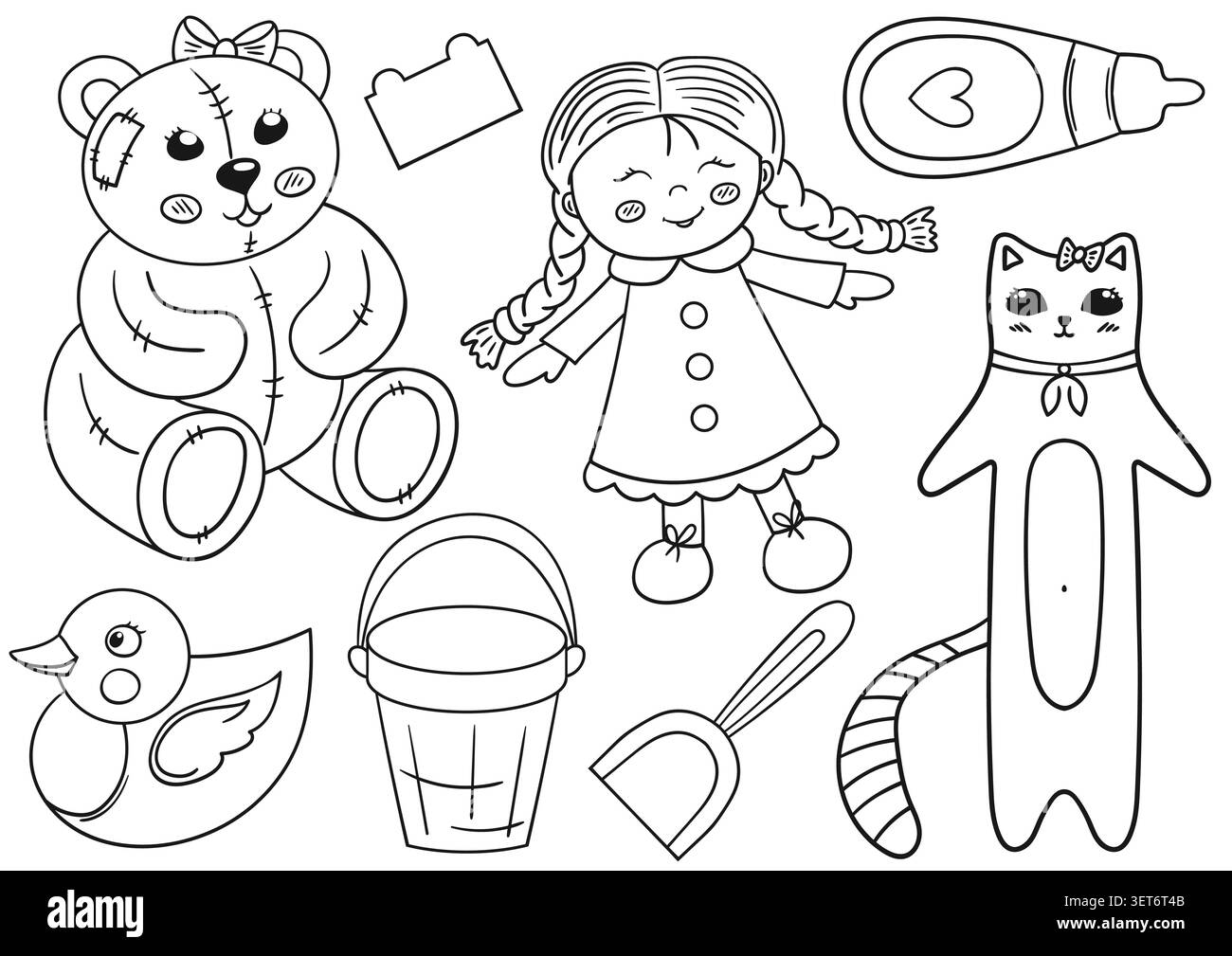 Ensemble mignon de jouets vectoriels pour enfants, y compris un ours en peluche, une poupée de chiffon, un chat et un seau de sable, avec Monochrome pour le décor de la pépinière et l'éducati ludique Illustration de Vecteur