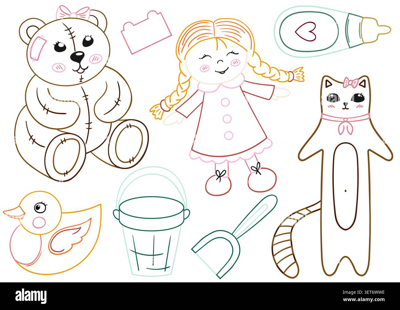 Ensemble mignon de jouets pour enfants vectoriels, y compris un ours en peluche, une poupée de chiffon, un chat et un seau de sable, avec un contour coloré pour un décor de pépinière et ludique Illustration de Vecteur
