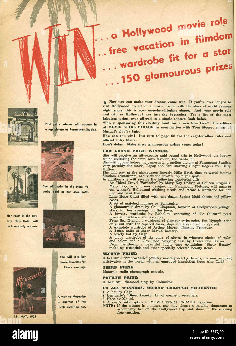 1932, mai, concours WIN ! dans le magazine Movie Stars Parade, conçu pour attirer les lecteurs avec la chance de gagner un rôle dans un film hollywoodien. Le lot principal offrait un voyage à Hollywood via le chemin de fer Santa Fe, comprenant un séjour à l’hôtel Beverly Hills et un dîner au célèbre nightclub Ciro’s. Banque D'Images