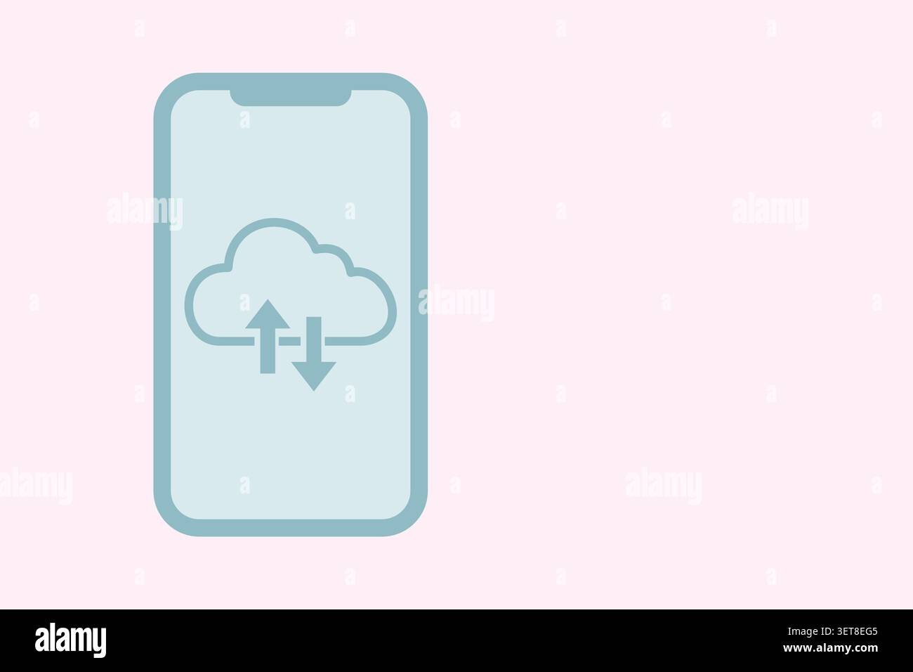Illustration nette d'un smartphone avec des icônes de synchronisation cloud symbolisant la sauvegarde mobile, le transfert de données, le stockage et la synchronisation de l'appareil pour les applications et Banque D'Images