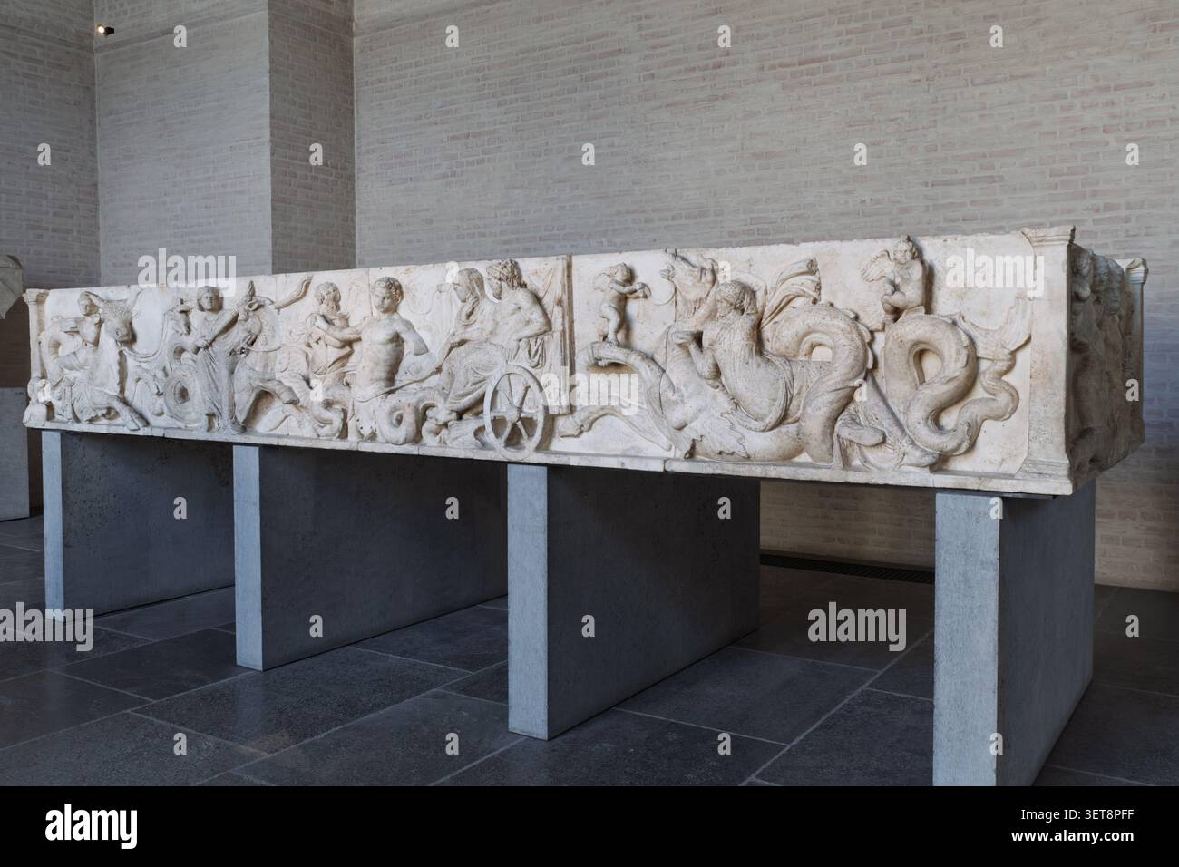 Relief en marbre montrant la procession de mariage de Poséidon et Amphitrite. Période hellénistique gréco-romaine. Exposé à la Glyptothek, Munich. Banque D'Images