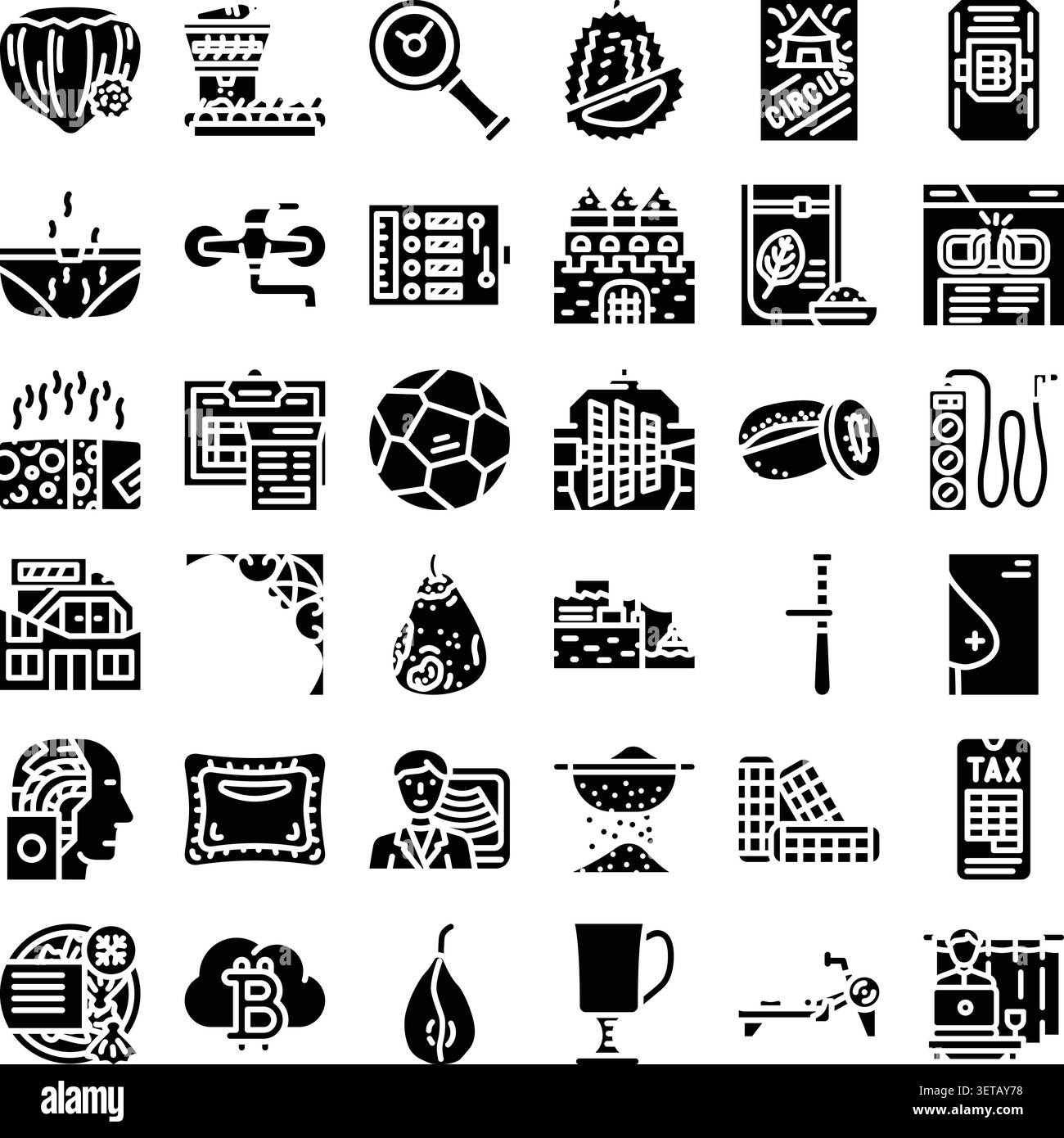 Affichage d'un ensemble complet de différentes icônes de glyphe de silhouette noire représentant la nourriture, la technologie, les bâtiments, les voyages, les sports, et des concepts commerciaux Illustration de Vecteur
