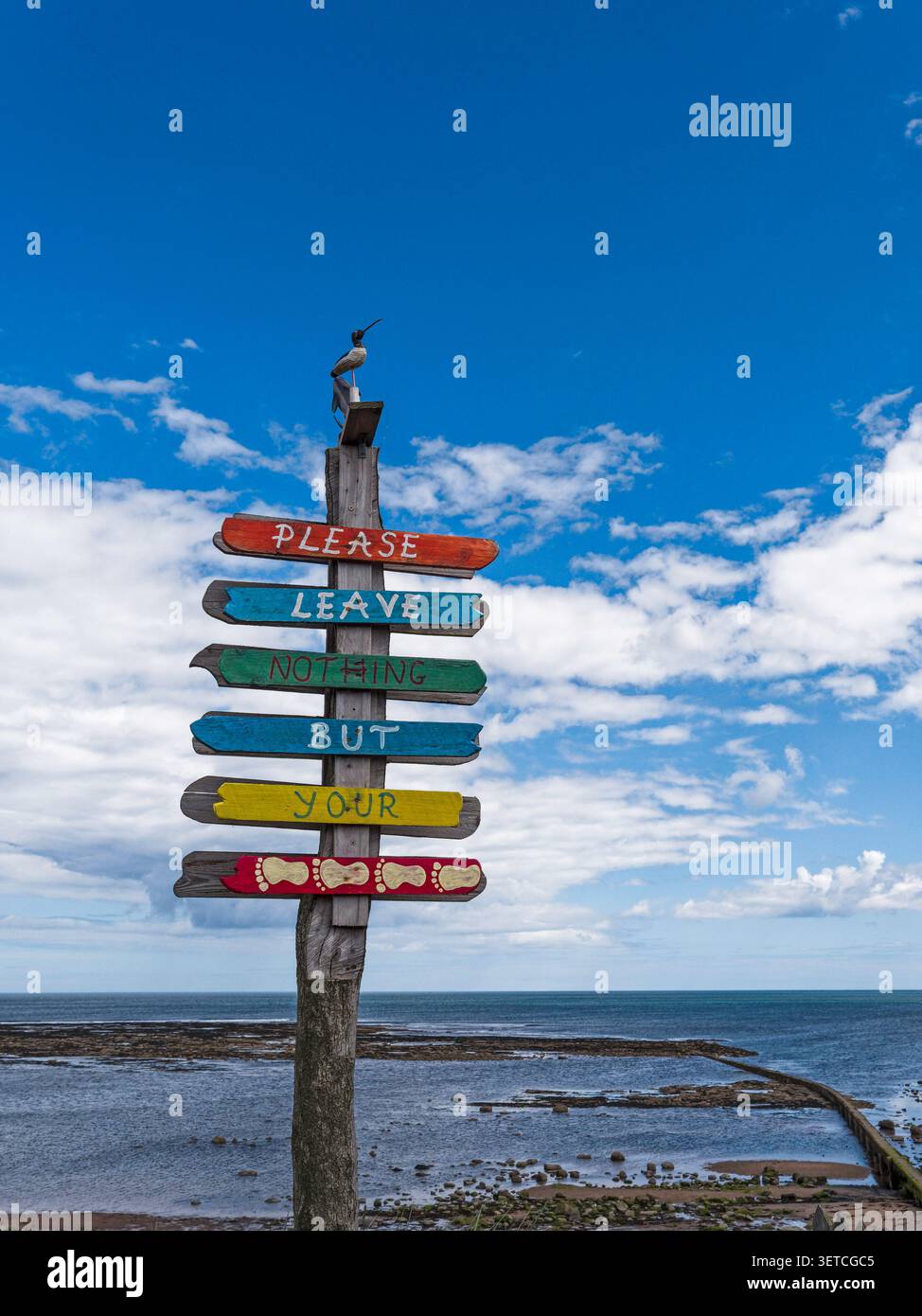 Laissez uniquement le panneau empreintes à côté d'une plage de Northumberland, Royaume-Uni. Banque D'Images