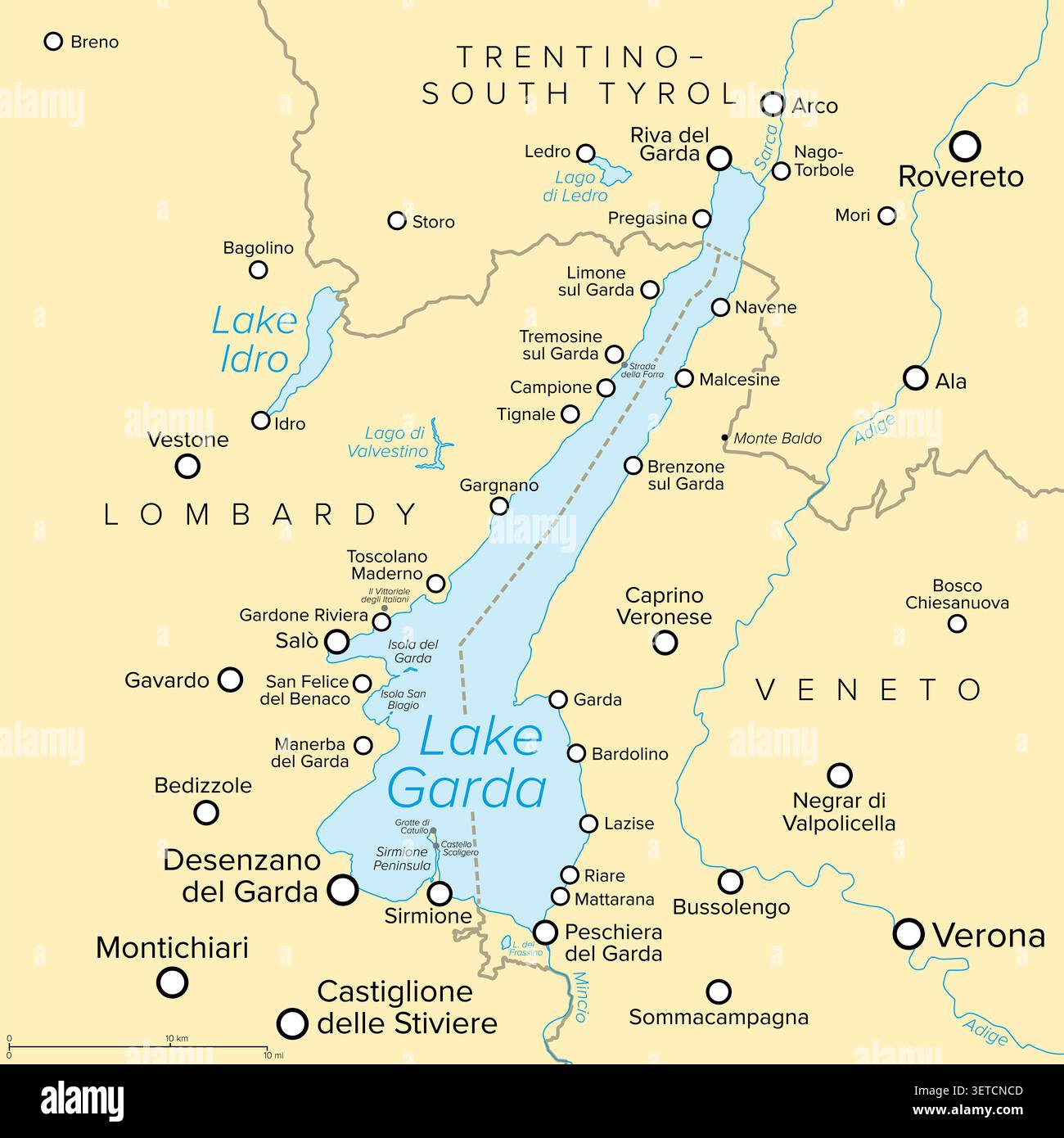 Lac de Garde, le plus grand lac d'Italie, carte politique. Lago di Garda, ou Benaco, un lac à l'ouest de Vérone, au bord des Alpes italiennes. Banque D'Images