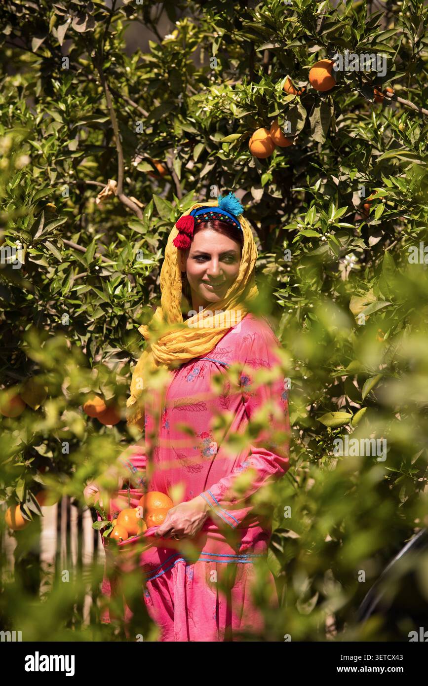 Portrait authentique de femme du moyen-Orient dans la robe rose brodée traditionnelle colorée et foulard jaune tenant des oranges fraîches pendant les agrumes Banque D'Images