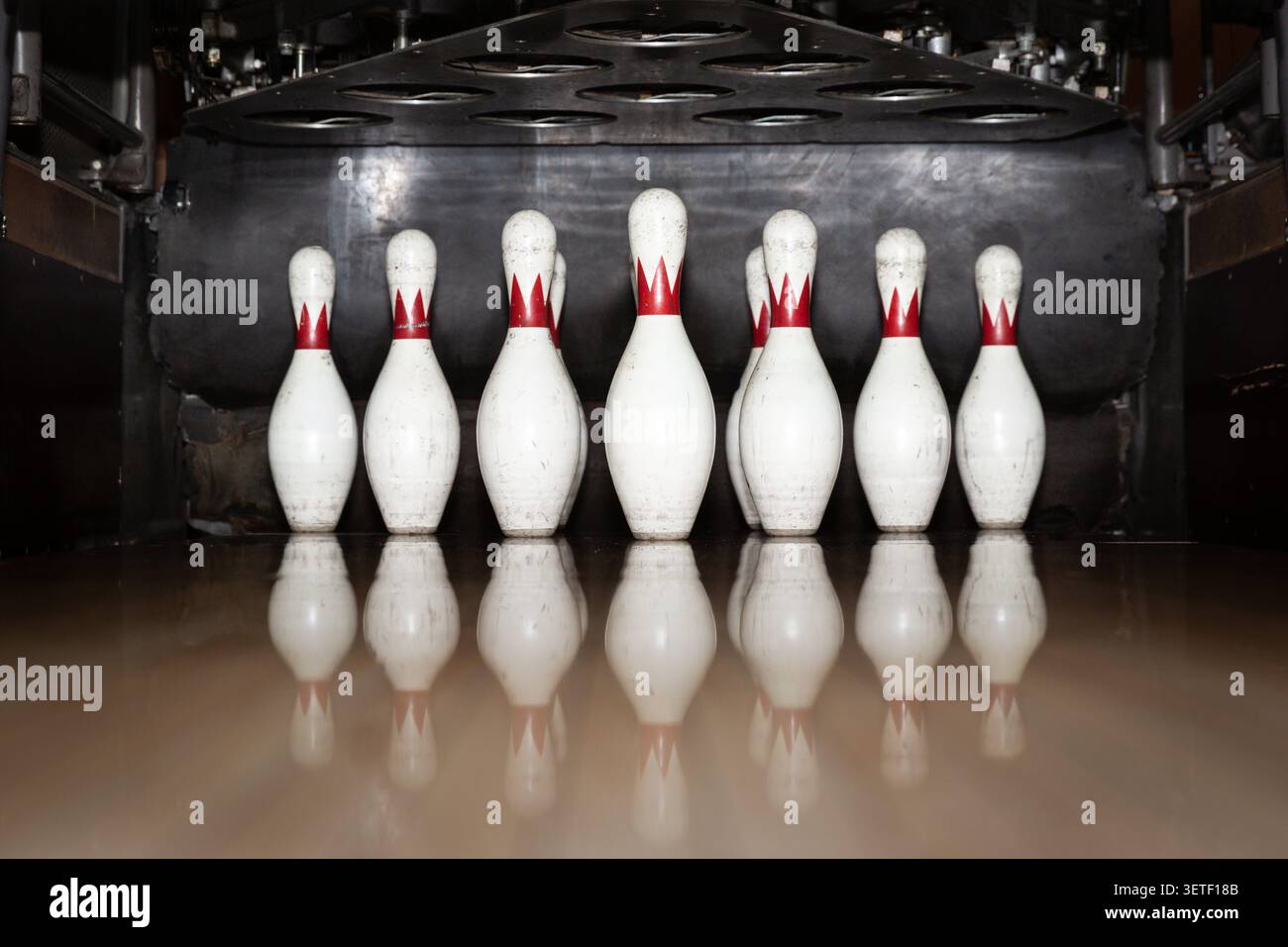Épingles de bowling rouges et blanches avec réflexion miroir en bois - Ten PIN Bowling Still Life Banque D'Images