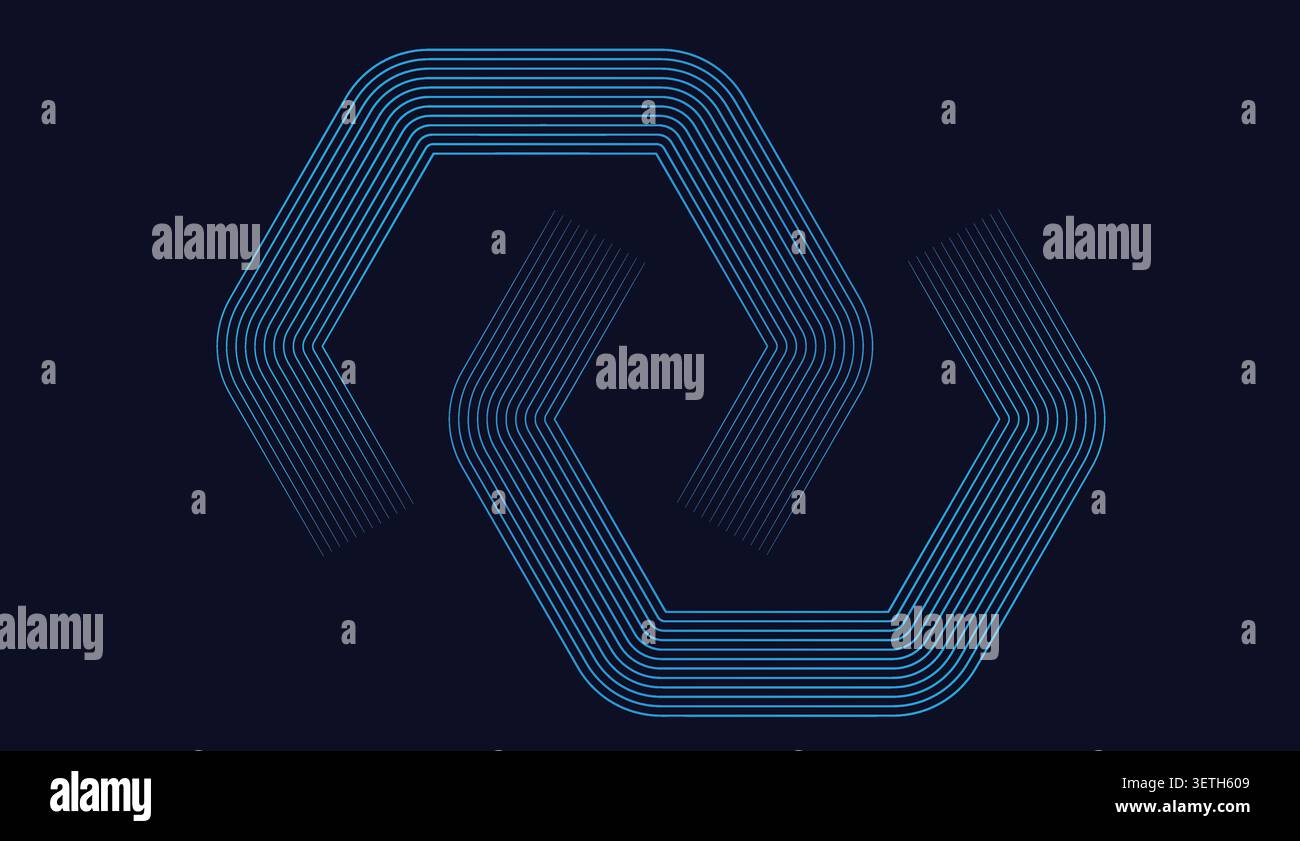 Image abstraite moderne fond bleu foncé lignes brillantes formant deux formes hexagonales liées ensemble. Art numérique au design futuriste et à la géométrie Illustration de Vecteur