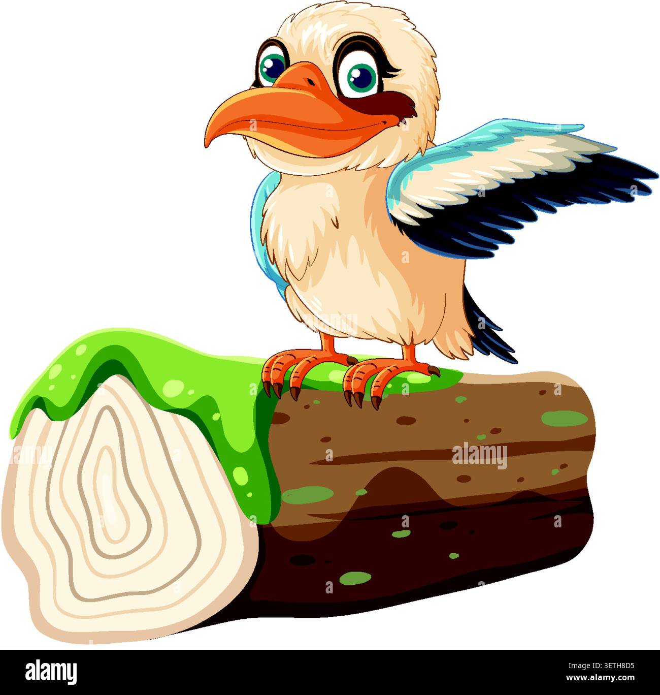 Un oiseau kookaburra mignon se tient sur une bûche en bois avec de la mousse dans le style vectoriel de dessin animé. Illustration de Vecteur
