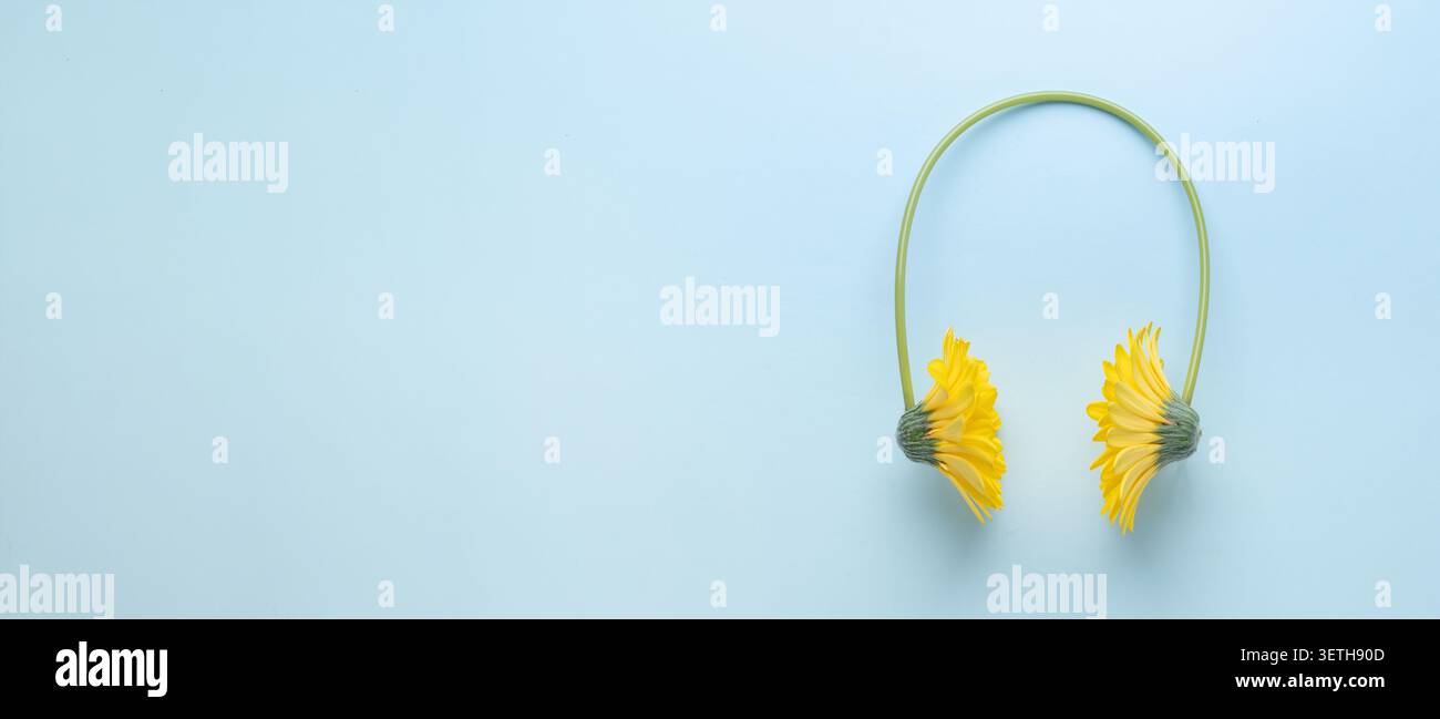 Composition estivale minimale créative avec des fleurs jaunes en forme de casque sur fond bleu. Concept de musique, audio, détente, ambiance estivale et Banque D'Images