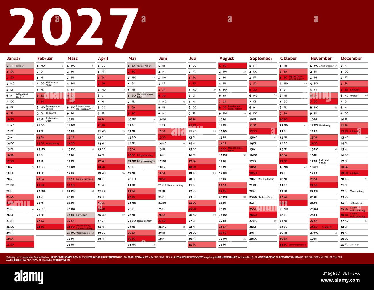 Calendrier 2027 Allemagne planificateur de poche vecteur d'année commerciale Illustration de Vecteur