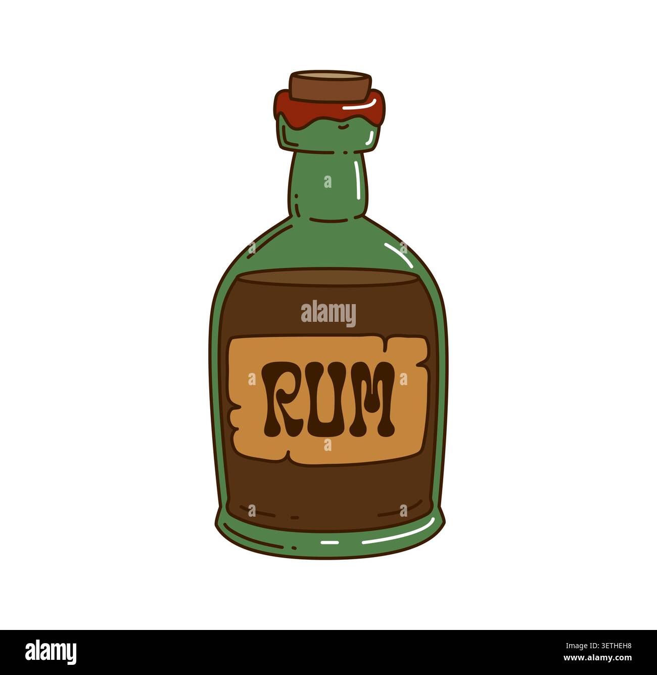 Icône de jeu de bouteille de rhum pirate de dessin animé groovy, flacon en verre corsair rétro montrant un liquide ambré foncé, étiquette vintage et bouchon de liège. Boisson alcoolisée classique, symbole de la navigation et des traditions de chasse au trésor Illustration de Vecteur