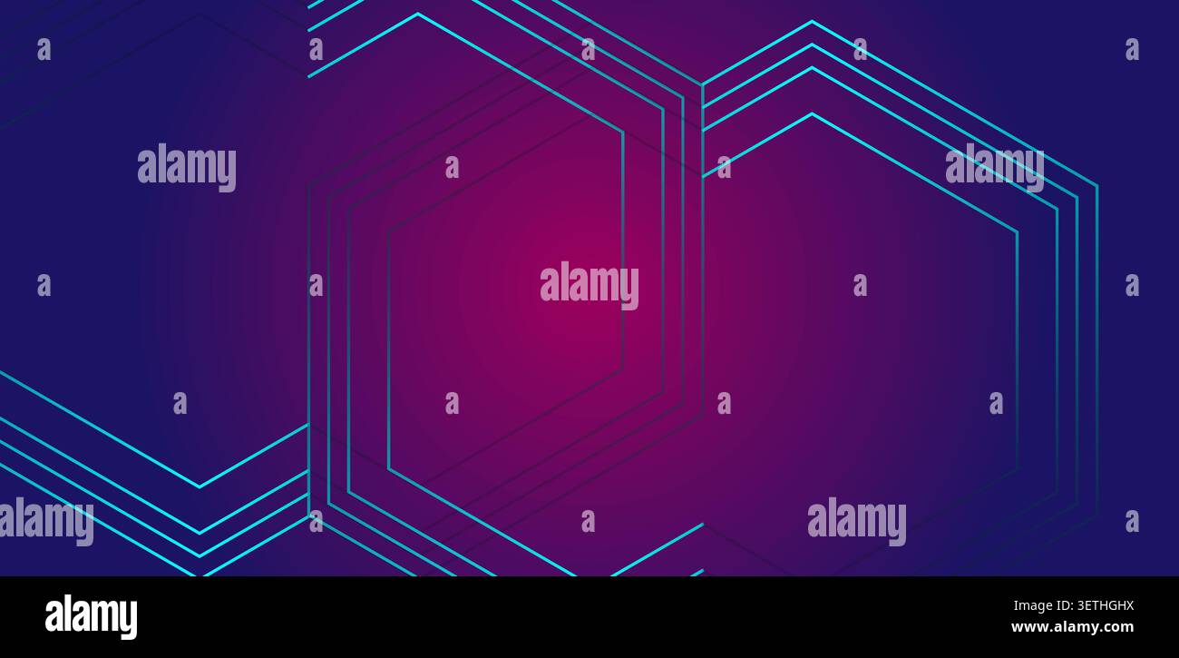 Fond violet et bleu abstrait futuriste avec des lignes de néon hexagonales qui se croisent, formant un motif géométrique dynamique idéal pour la technologie A. Illustration de Vecteur
