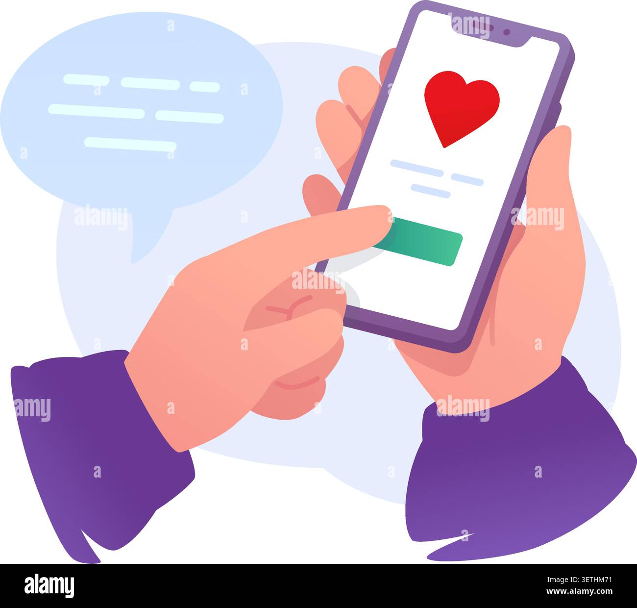 Mains tenant smartphone avec coeur rouge sur l'illustration vectorielle à l'écran. Application de rencontres en ligne, médias sociaux comme, match d'amour virtuel et chat romantique comm Illustration de Vecteur