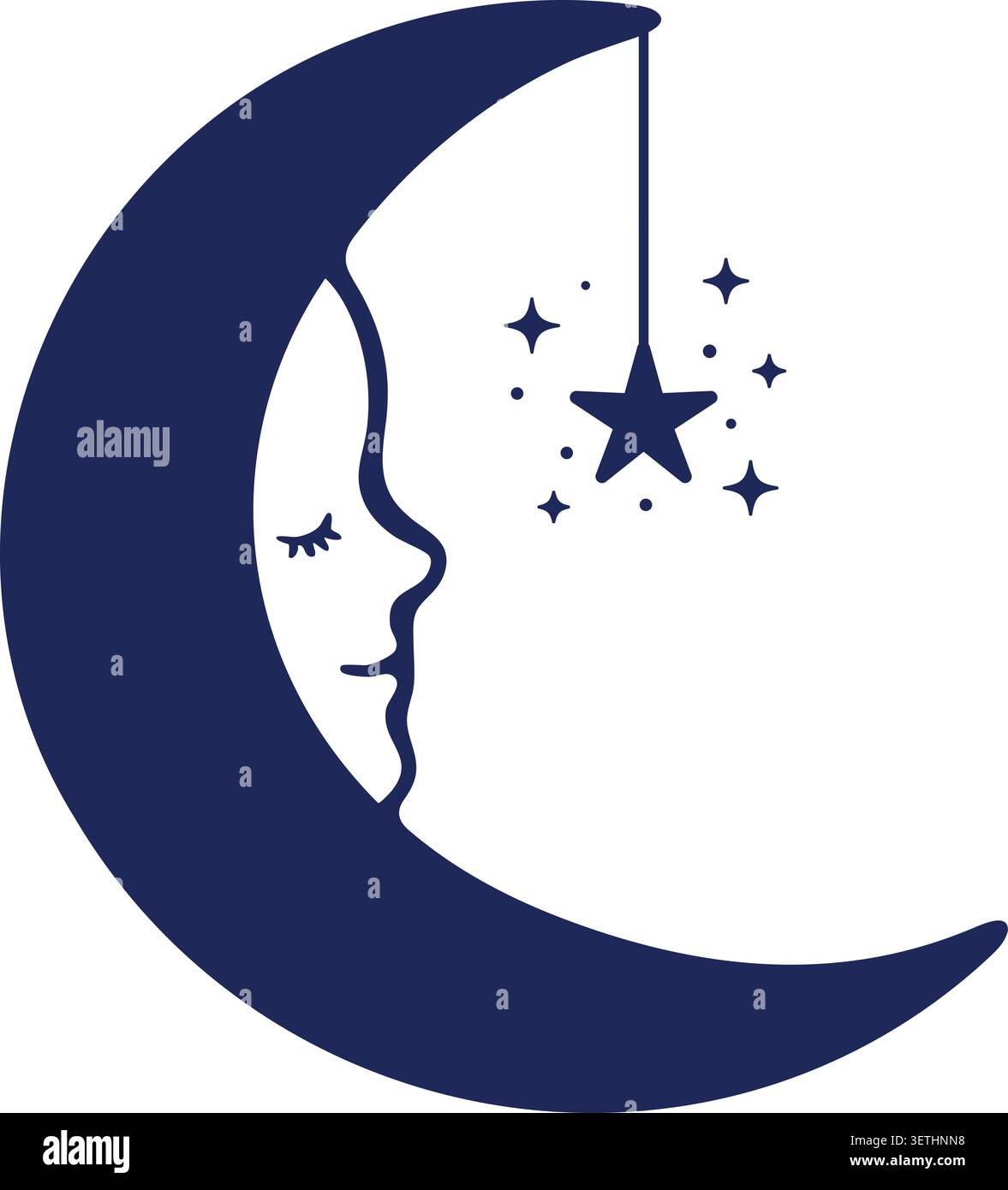 Illustration plate d'un croissant de lune avec un visage humain et des étoiles suspendues dans un design de ciel nocturne Illustration de Vecteur