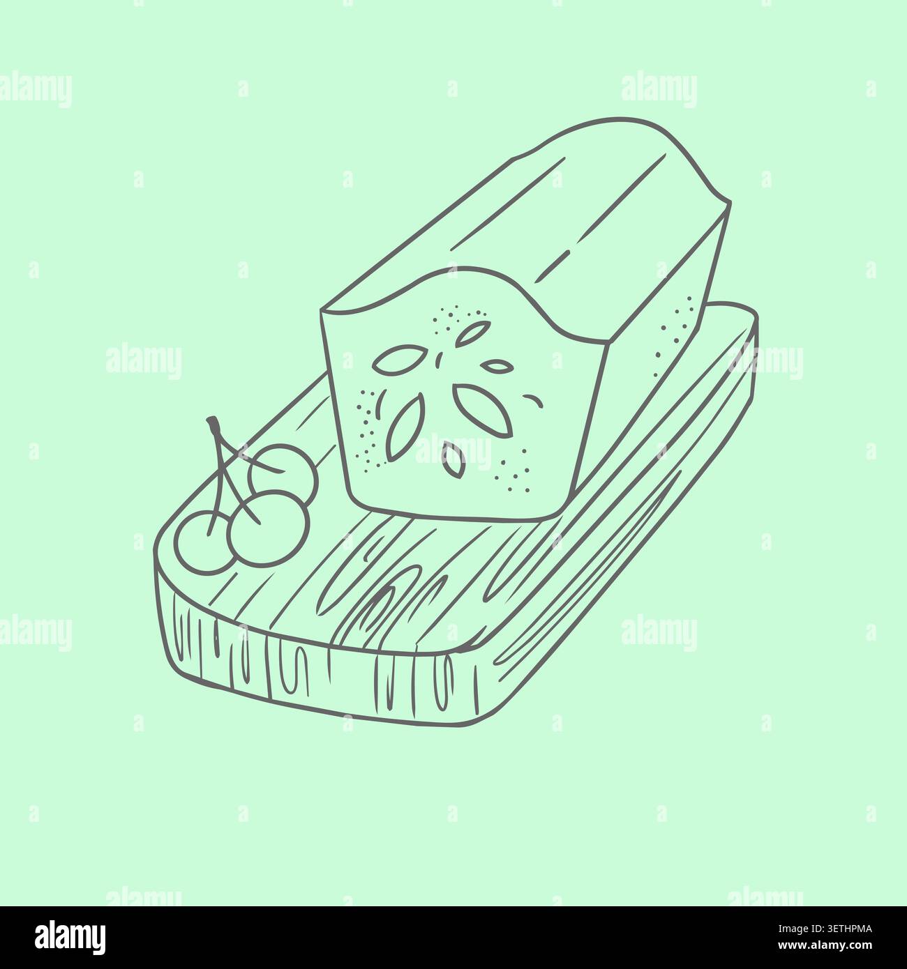 Pain de gâteau aux fruits de Noël sur planche à découper en bois avec illustration vectorielle d'art de ligne de baies. Élément de conception de dessert de vacances d'hiver traditionnel pour Illustration de Vecteur