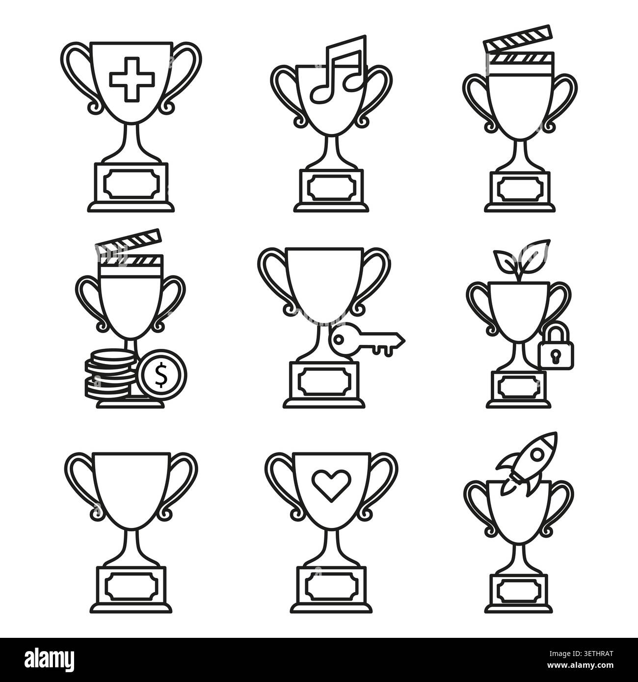 L'ensemble d'icônes vectorielles noires de tasse de trophée présente un succès professionnel. La collection Achievement visualise une récompense de victoire d'entreprise moderne. spe 10 Illustration de Vecteur