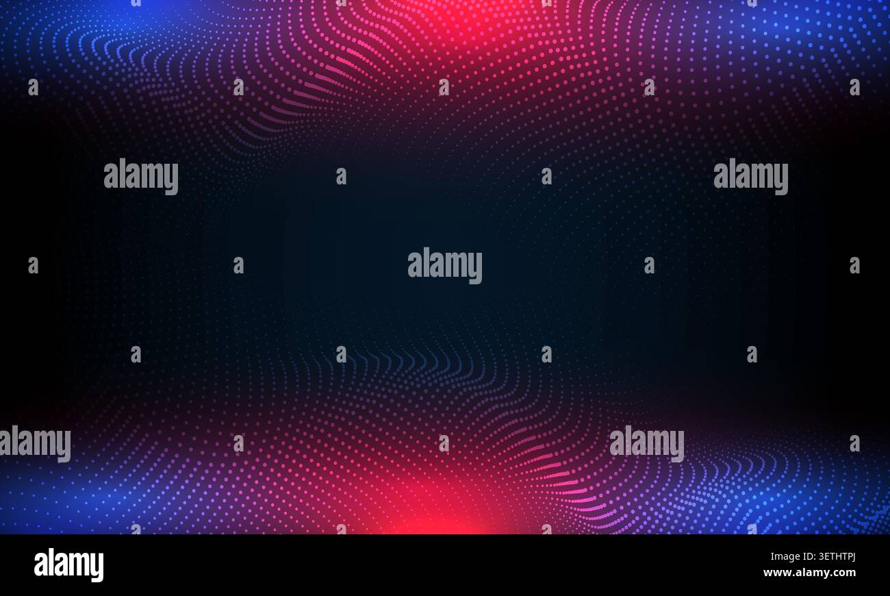 Fond de technologie abstrait avec des ondes pointillées lumineuses, des gradients de néon colorés et des motifs de particules numériques fluides sur un fond sombre. Illustration de Vecteur