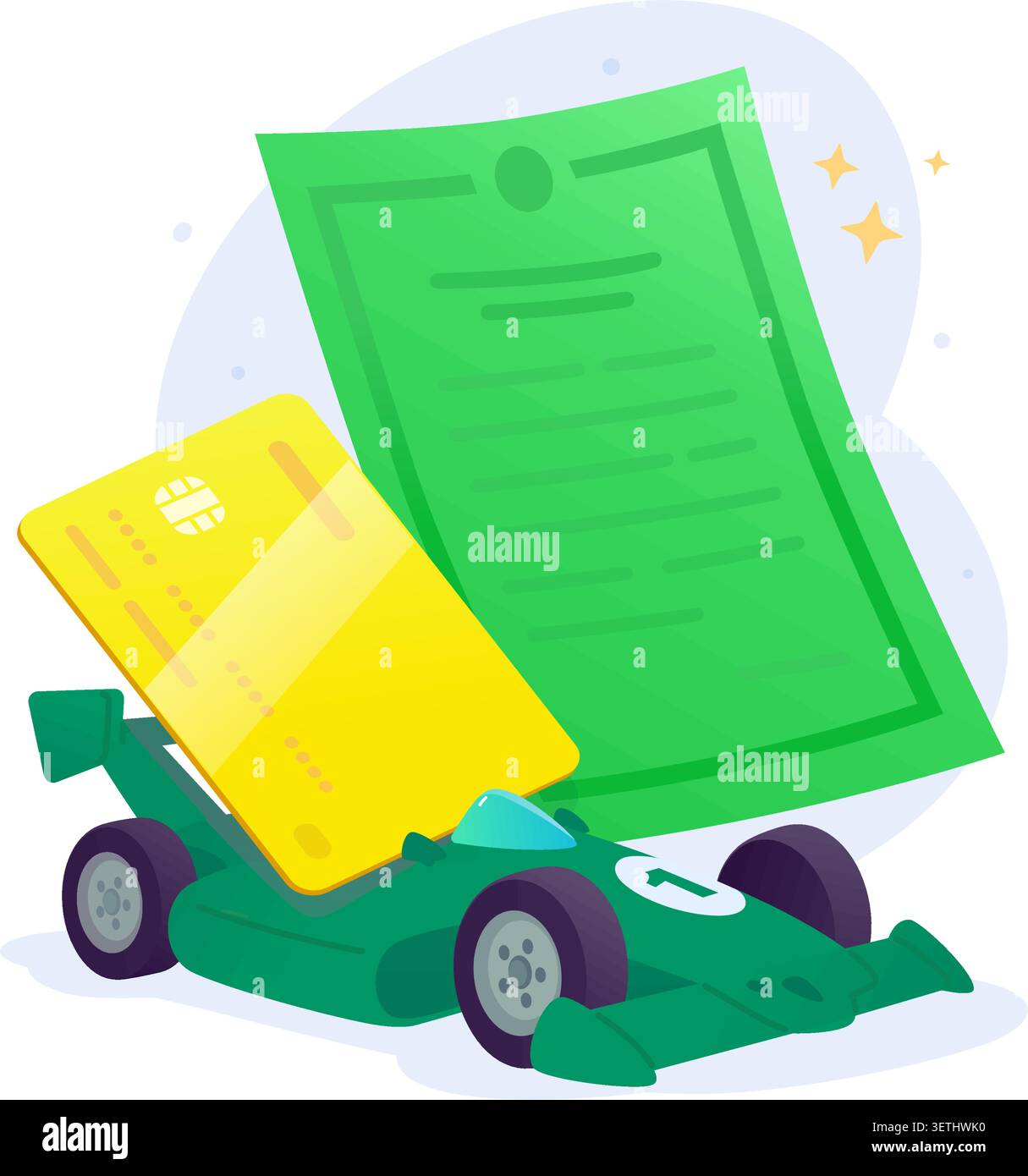 Voiture de course verte avec carte de crédit et illustration vectorielle de document d'enregistrement. Prêt auto, paiement rapide de véhicule, assurance de sport automobile et achat de voiture Illustration de Vecteur