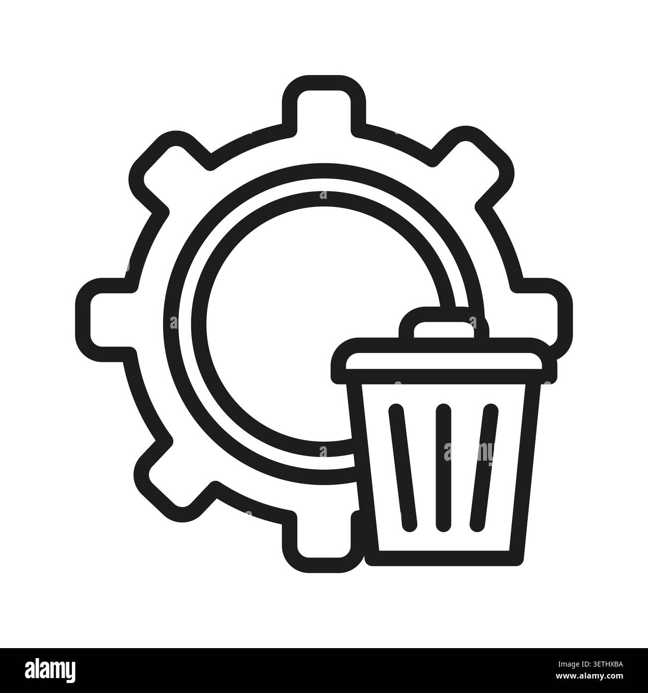L'icône vectorielle noire de roue dentée de poubelle présente un contour de mécanique des ordures. Le processus de nettoyage du système permet de visualiser la progression de la maintenance de la suppression des fichiers. Illustration de Vecteur