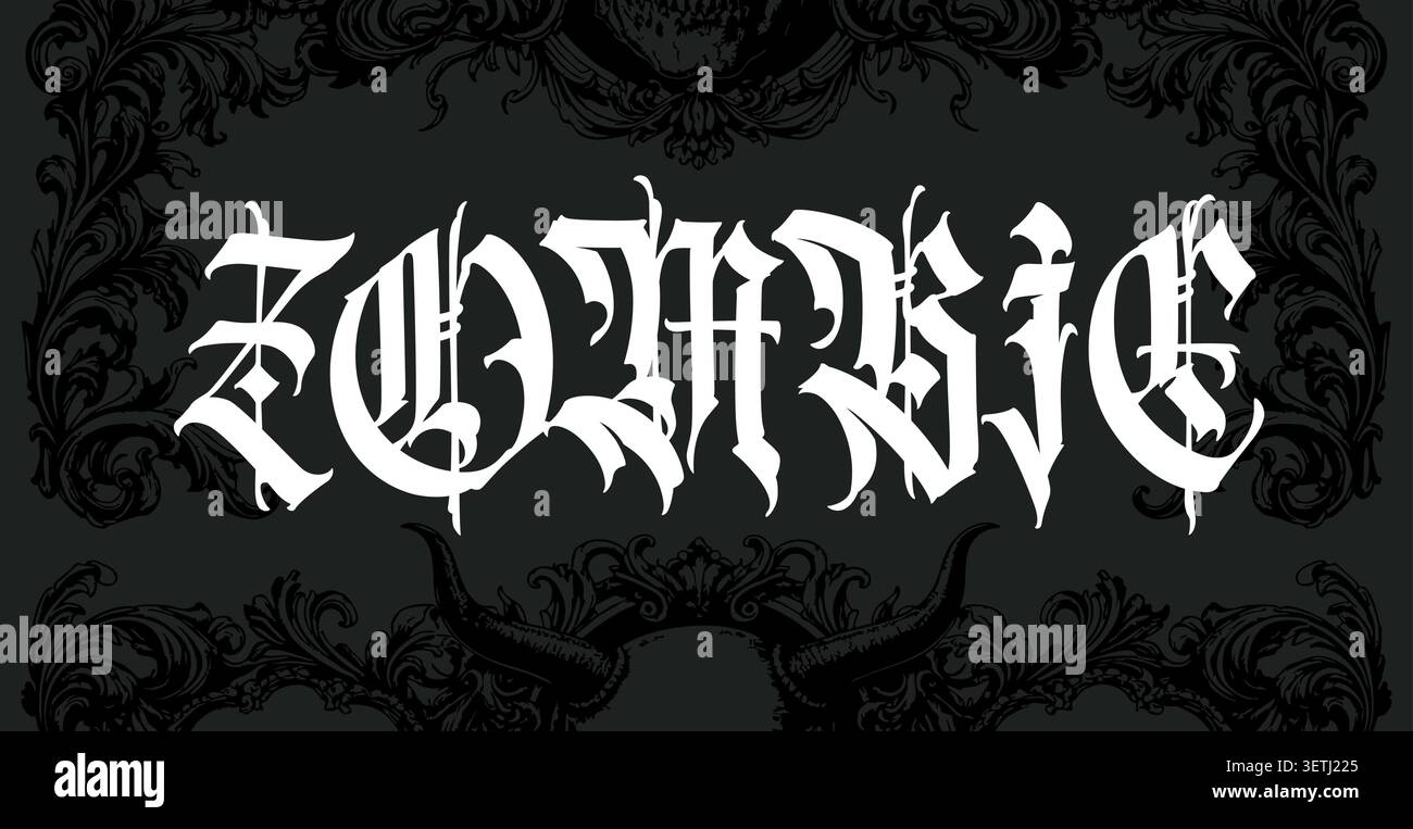 Lettrage de mot gothique Zombie dans un style de lettre noire agressif. Typographie vectorielle pour les films d'horreur, albums de musique métal, affiches d'Halloween, streetwear b Illustration de Vecteur