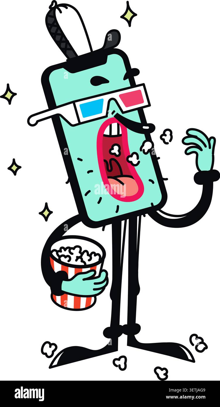 Illustration vectorielle de style de tuyau en caoutchouc rétro d'une mascotte de téléphone dans des lunettes 3D. Idéal pour les applications de cinéma, les affiches de soirée cinéma et les autocollants techniques. Illustration de Vecteur