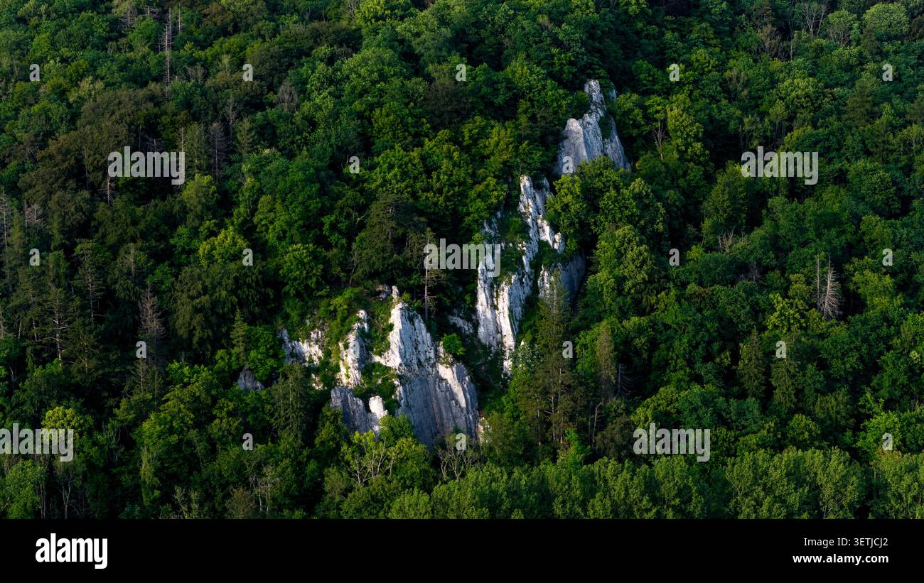 Vue aérienne de la via Ferrata Pont-a-Lesse falaises calcaires s'élevant d'une forêt dense et verdoyante sous la lumière du jour Dinant, région wallonne, Belgique. Banque D'Images