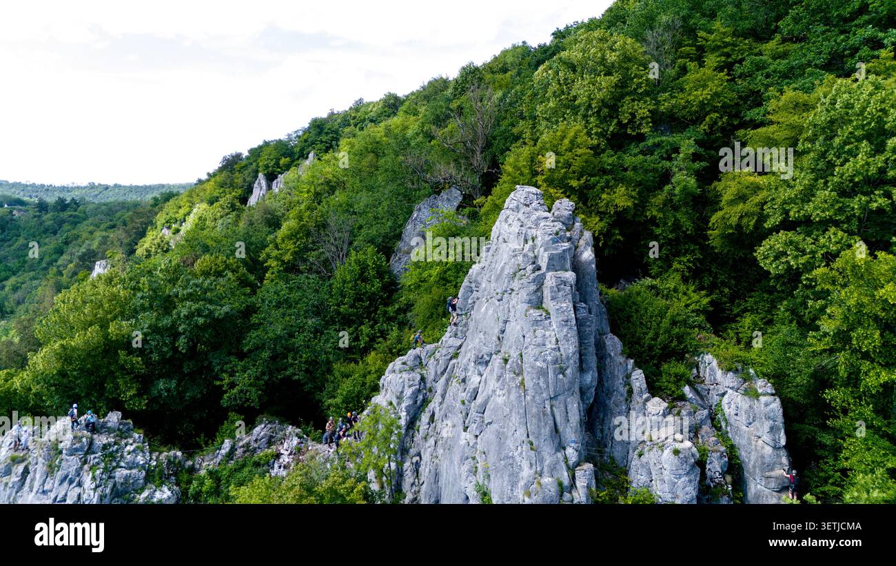 Vue aérienne des grimpeurs sur la via Ferrata Pont-a-Lesse falaises calcaires entourées d'une forêt verdoyante à Dinant, région wallonne, Belgique. Banque D'Images