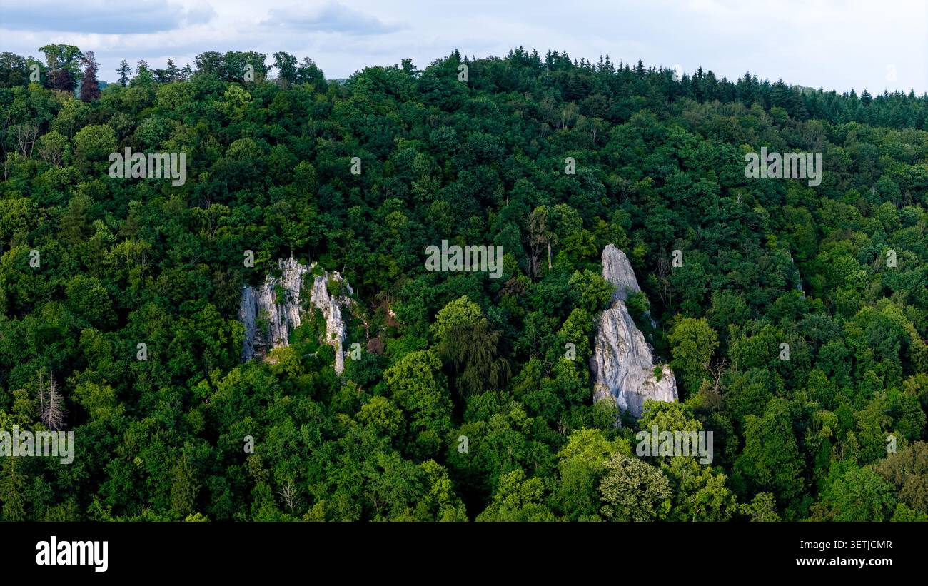 Vue aérienne de la via Ferrata Pont-a-Lesse formations rocheuses calcaires entourées d'une forêt dense et verdoyante et d'un feuillage luxuriant à Dinant, région wallonne, Banque D'Images