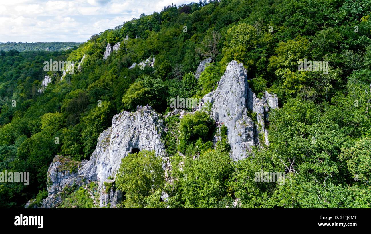 Vue aérienne de la via Ferrata Pont-a-Lesse falaises calcaires avec grimpeurs sur la paroi rocheuse entourée d'une forêt verdoyante à Dinant, région wallonne Banque D'Images