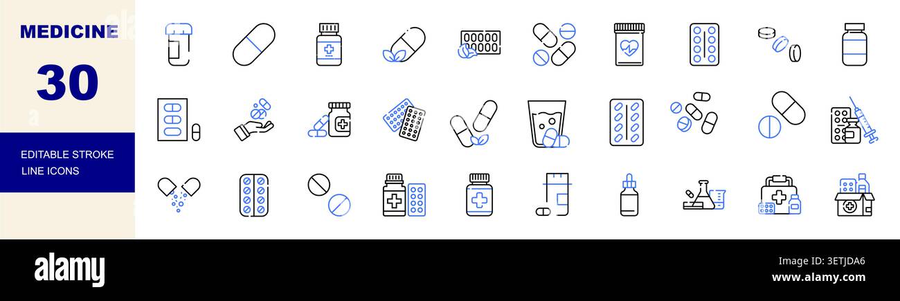 Médecine, pilules, capsules et icônes de ligne pharmaceutique Set éditable illustration vectorielle de course Illustration de Vecteur