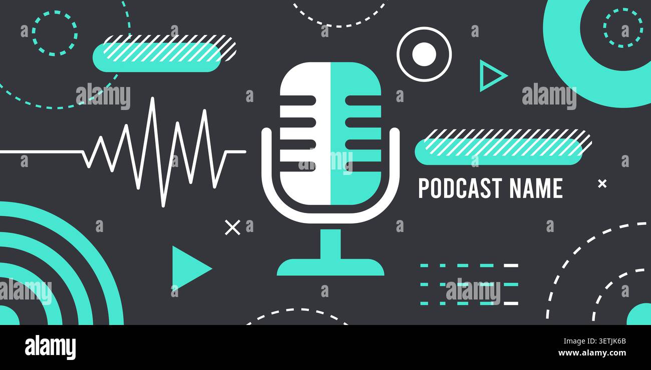 Bannière Web de podcast. Enregistrement vocal de microphone de studio, diffusion audio de radio Internet flux vidéo en direct interview vidéo en ligne médias sociaux micro bannière conception qualitative illustration vectorielle illustration originale Illustration de Vecteur