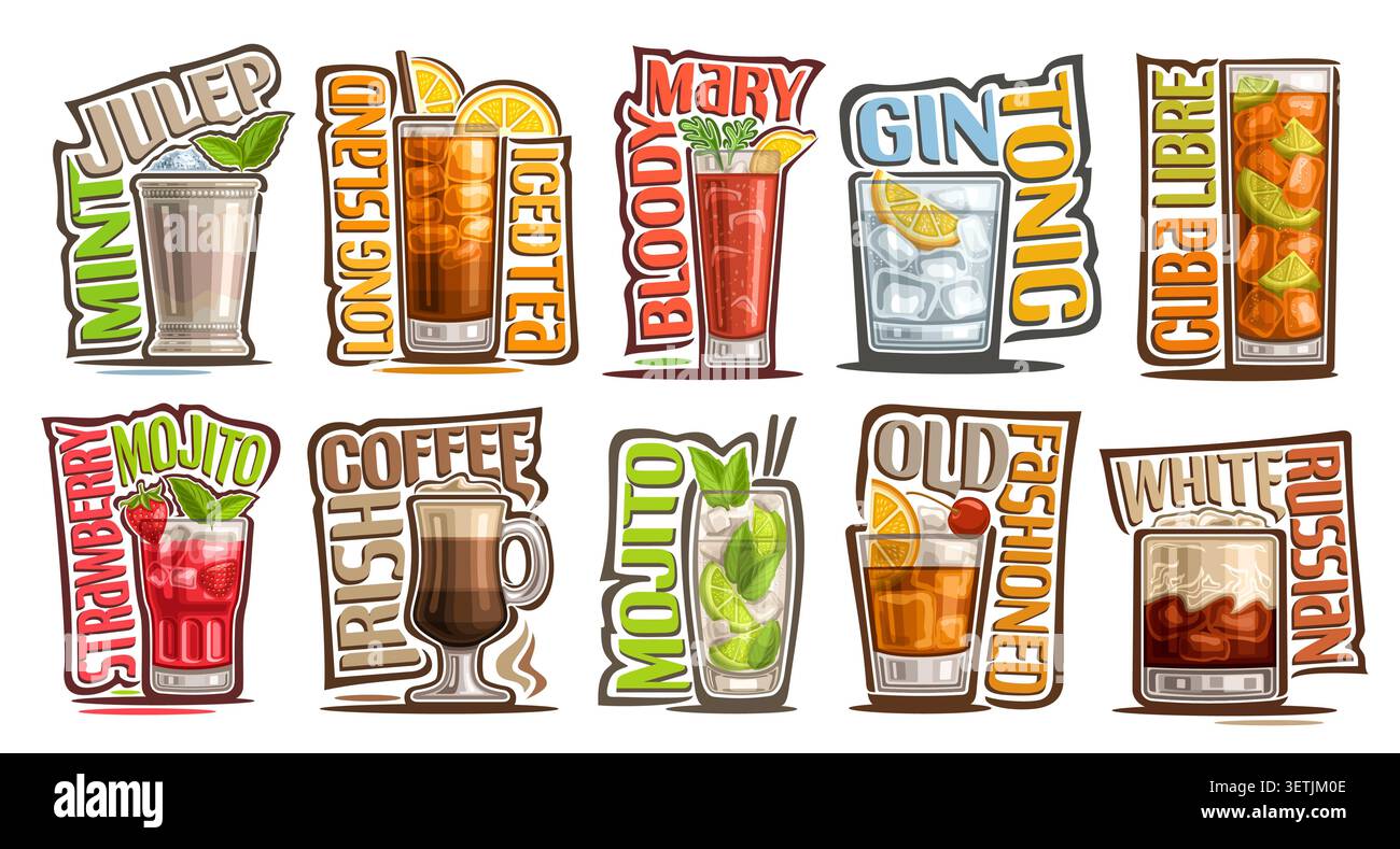 Vector cocktails set, collection de 10 illustrations isolées cocktails mélangés colorés dans le gobelet et les verres de roches avec des glaçons, frais exotiques froids Illustration de Vecteur