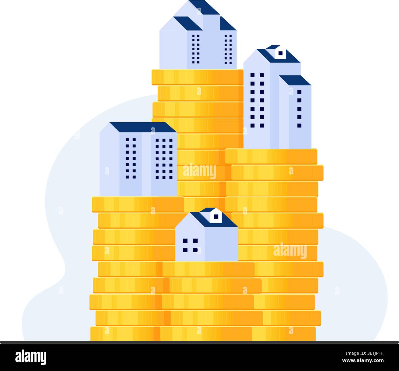Vecteur conceptuel montrant des bâtiments modernes perchés sur des piles de pièces d'or, symbolisant la richesse et les biens immobiliers. illustration de stock. Illustration de Vecteur